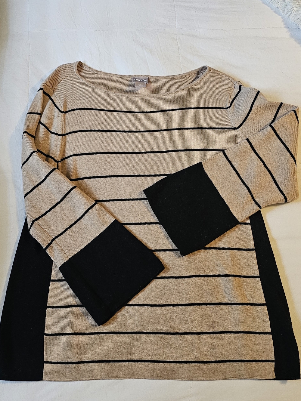 Chico's Beige and Black Striped Scoop-Neck Sweater W/Bell Sleeves Sz 2 (Lg)